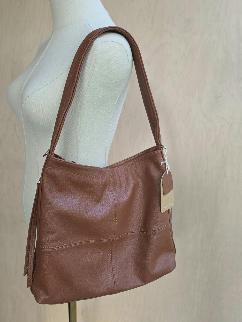 Women's Tan Leather Shoulder Bag with Soft Hobo Shape